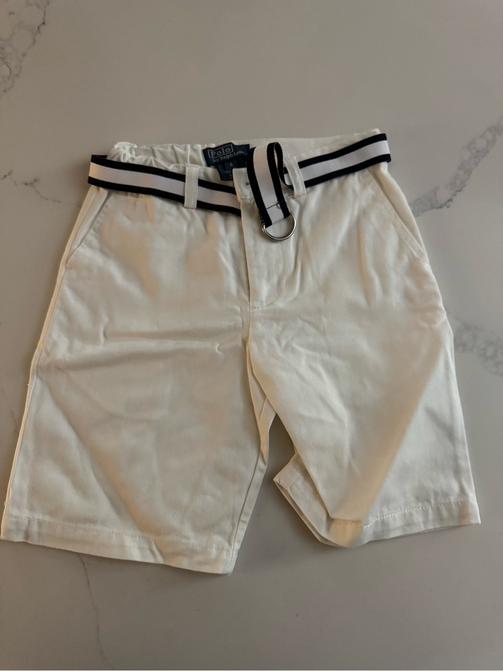 Polo by Ralph Lauren White Kids Dress Shorts with Navy Striped Belt